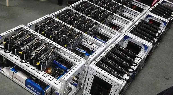 A vast cryptocurrency mining farm with rows of miners operating in unison