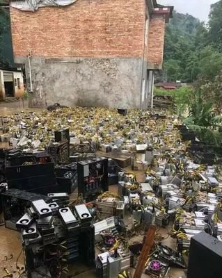 Solar-powered cryptocurrency mining farm with rows of mining rigs under solar panels