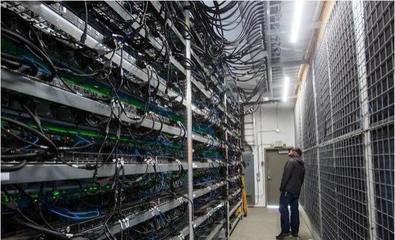An aerial view of a sustainable mining farm harnessing renewable energy for efficient operations
